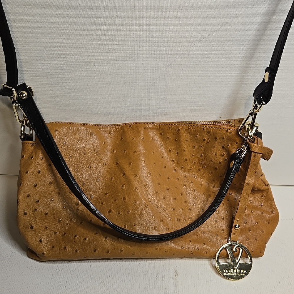 Valentina Italy Genuine Leather Ostrich Embossed Crossbody Shoulder Bag